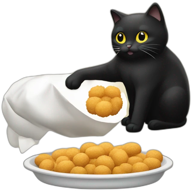 Un chat noir et blanc, en train de se battre avec un distributeur de croquettes emoji