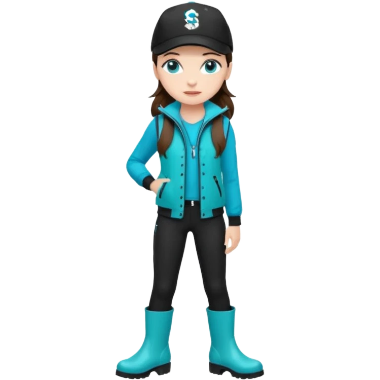 A landscaper in a beautiful turquoise jacket, turquoise rubber boots, and black pants. Over the turquoise jacket, she wears a black sleeveless vest. On her head, she wears a black Swissotel baseball cap. The girl is a brunette with blue eyes. emoji