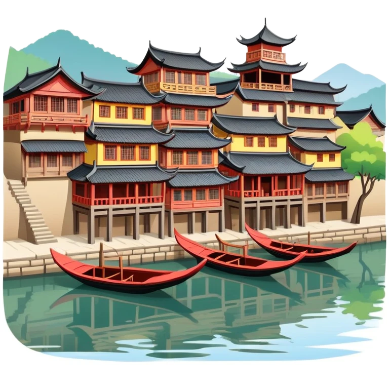 Fenghuang Ancient Town with wooden stilt houses by river, simplified emoji style with bold outlines and bright colors, cartoon style traditional Chinese buildings emoji