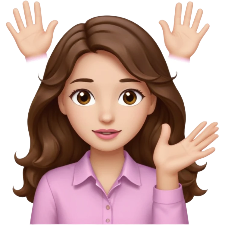 girl with wavy long brown hair, brown eyes, light to medium complexion, long lashes, light pink lipstick, wearing light pink shirt, clapping emoji