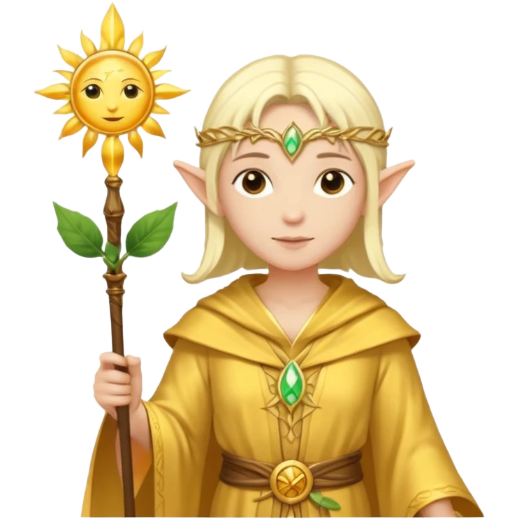 {
      "type": "human",
      "look": "light elf healer, golden robe, staff with leaf and sun motif",
      "description": "a light elf healer wearing a golden robe and holding a staff with leaf and sun symbols"
    } emoji