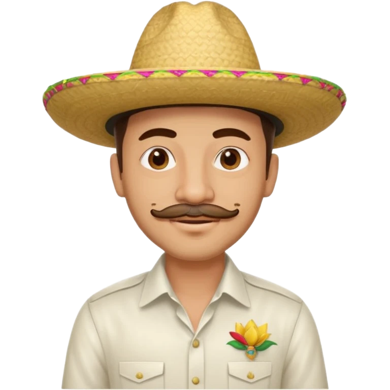 A happy, light skinned, Colombian man, with a small not connected mustache, a small gotee, wearing a Colombian Sombrero Voltiao, and wearing a white dress shirt emoji