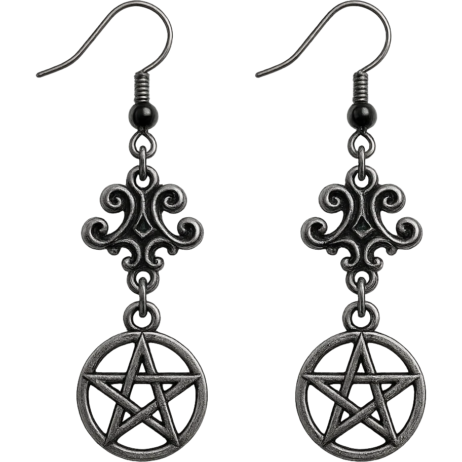 goth earrings with pentagram charm, silver and black, occult gothic style emoji