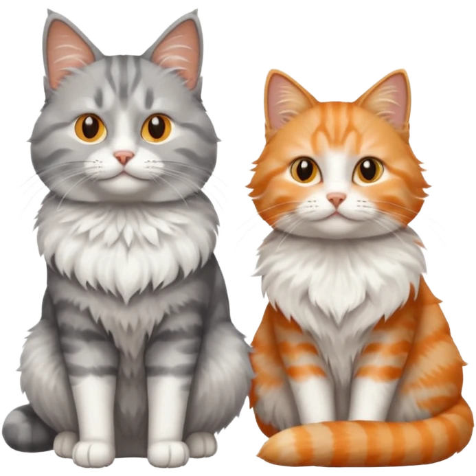 a realistic looking very fluffy grey and white cat sitting next to another cat emoji