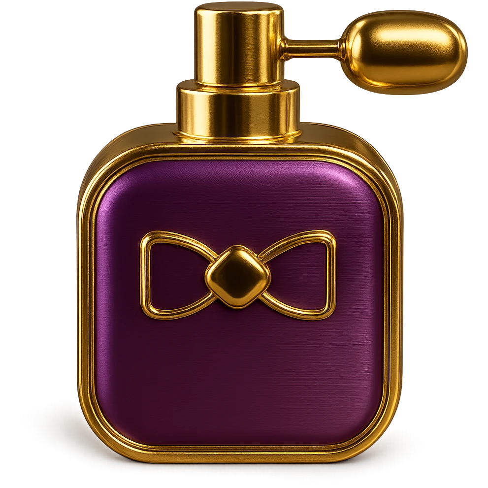 Make this purple perfume bottle look more luxurious with elegant details and add gold accents. Keep the background transparent. emoji