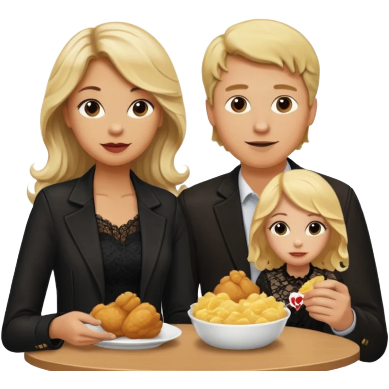 Love tan woman long wavy blonde hair and black lace  with  a man short blonde hair wearing Brown  jacket eating chick filet  emoji
