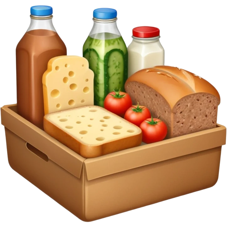 a box of groceries, sausage, cheese, canned meat, herbs, milk, tomatoes, cucumbers, and a loaf of bread emoji