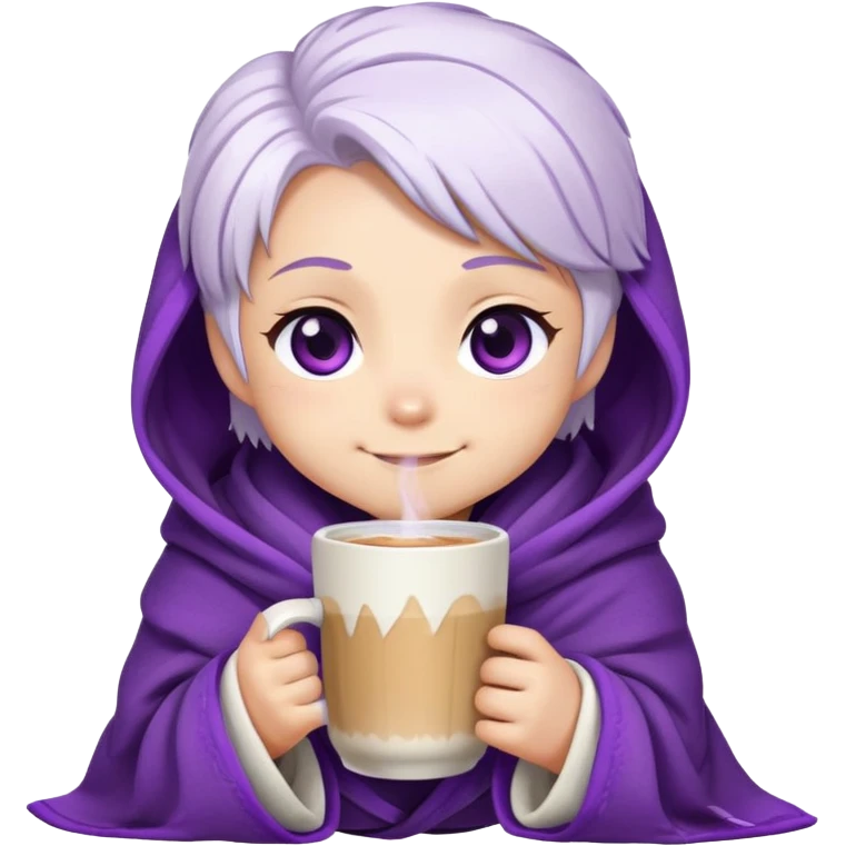 Chibi Sable Ward wrapped in a blanket, holding a warm drink, cozy expression, white hair with purple streaks, fully purple eyes, content smile emoji