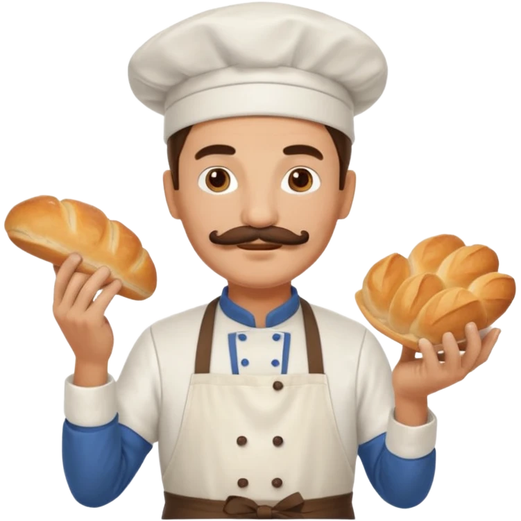 Middle aged male pastry chef - with a mustache, apron, white hat, holding bread emoji