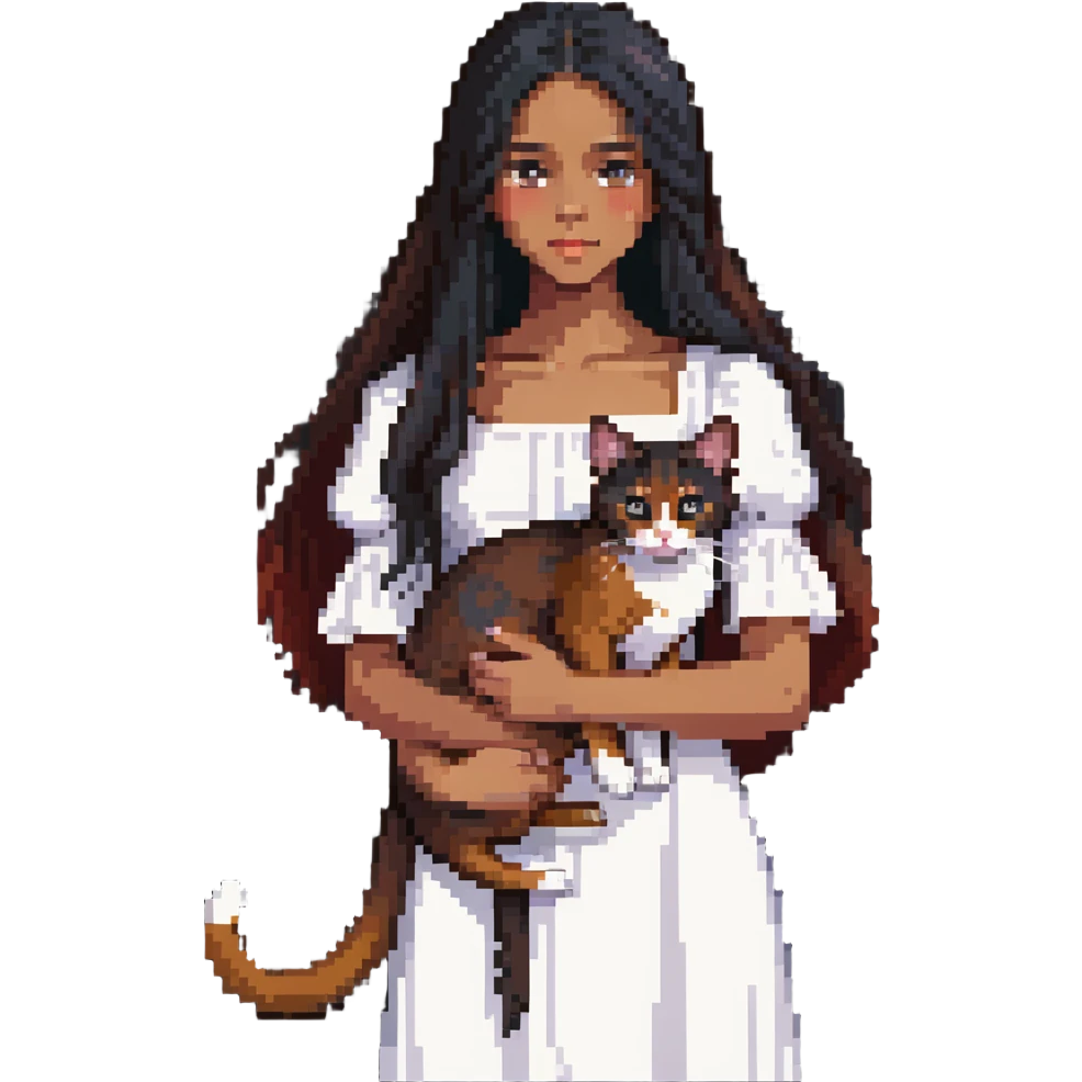 beautiful girl with long black hair wearing a white dress holding an Abyssinian cat with reddish-brown fur in her arms emoji