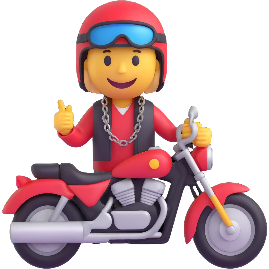 3D smiley emoji, round shape, motorcyclist with chain: holding chain, wearing helmet, funny face emoji