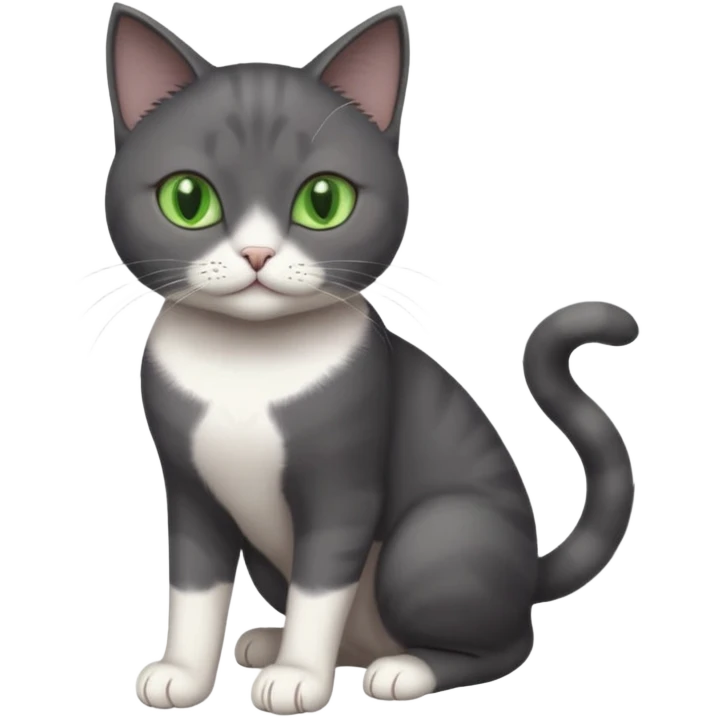 beautiful female solid dark grey cat with green eyes, white toes/paws and white patch on her chest playing emoji
