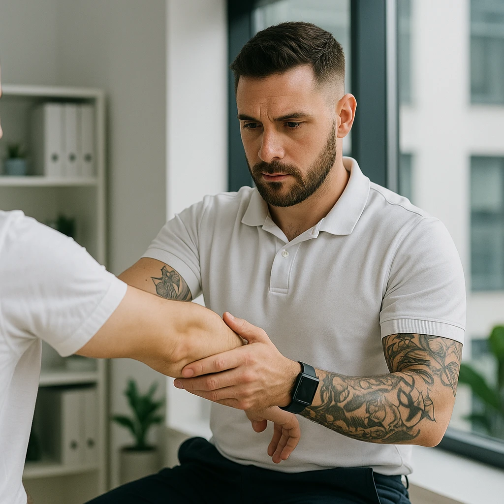 realistic kinesiologist wearing a short-sleeve white shirt with visible tattoos on arms and a dark wristwatch, performing a kinesiological assessment on a patient wearing a white t-shirt in a modern clinical environment, professional details, inspired by reference photo https://attic.sh/r66tucayi7ewfjges2vhulor9bux emoji