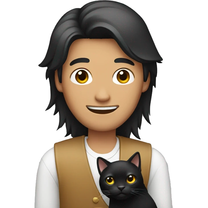 Long hair Asian man holding black cat emoji