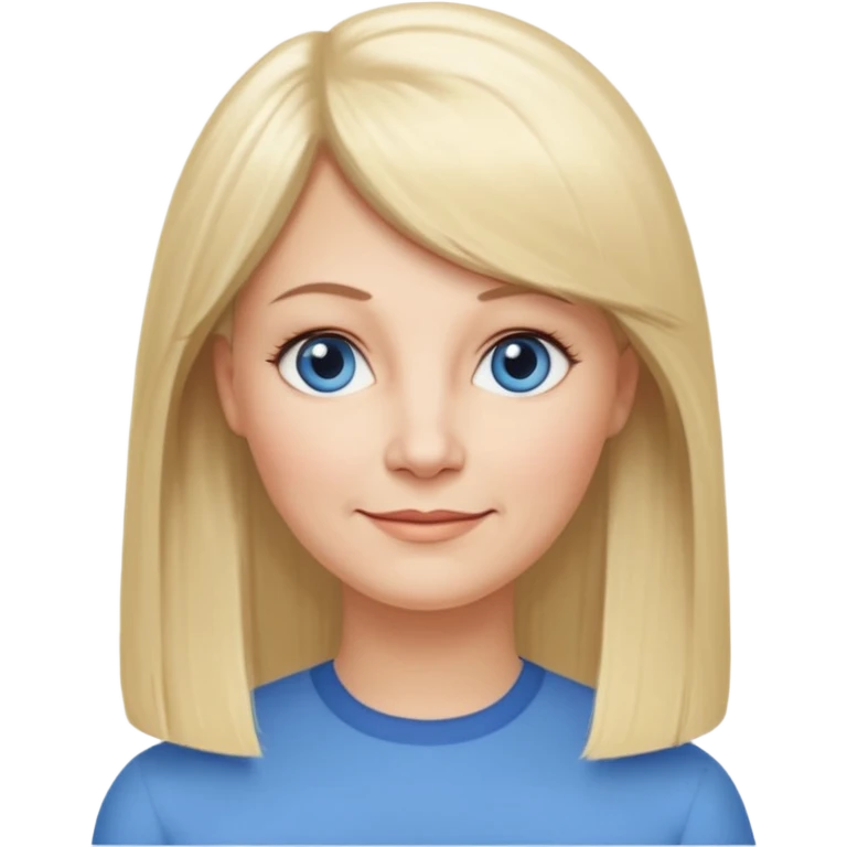 50 yr old white woman, hippe part bangs, very long straight blond hair, oval face, small smile, blue eyes, thin face, hair downback, hair parted at center of head, round cheeks, pale, longer hair emoji