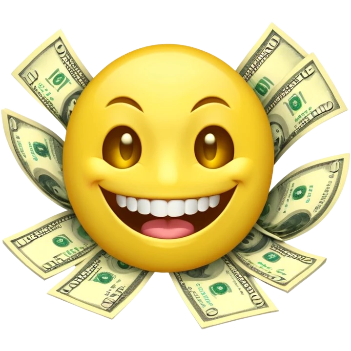 3D glossy emoji sticker, dollar-sign eyes, huge toothy grin, mouth stuffed with US dollar bills spilling out, floating banknotes, centered, transparent background emoji