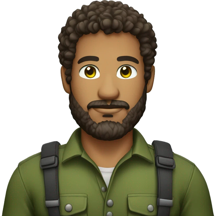 muscular mixed race software developer wearing green eyes, beard and curly hair lumberjack shirt military emoji