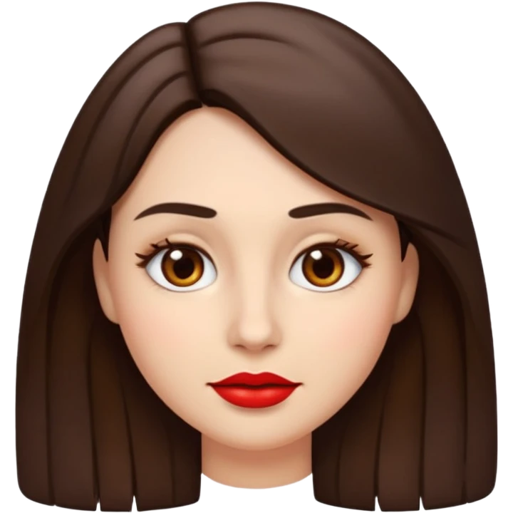 A woman emoji with fair skin, slightly wavy dark brown hair parted in the middle, an oval-shaped face, arched dark eyebrows, almond-shaped brown eyes, a small straight nose, and red lips. emoji