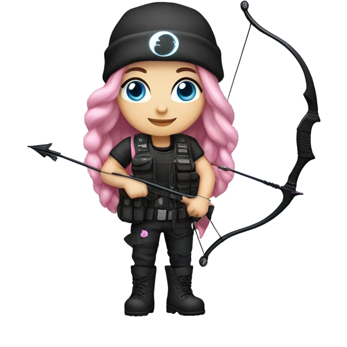 girl, white skin, tactical vest, dark pants, long pink hair, blue eyes, black beanie hat with crescent moon on front, black combat boots, bow and arrow emoji