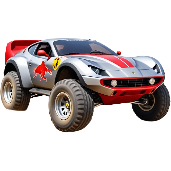 Satan’s RedBull Ferrari-colored Dirty and dented Local Motors Rally Fighter off road race car hot rod trophy truck-style basher flying on a dusty road (silver wheels) emoji