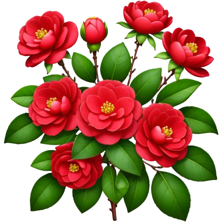 bouquet Red Camellia, luxuriant, stem, leaf, bud emoji