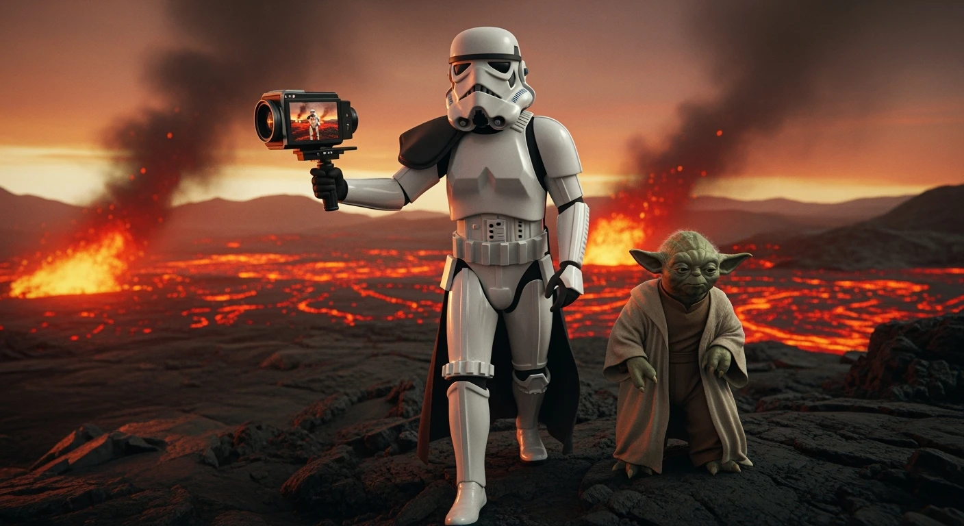 Starwars stormtroopers vlogging holding camera, he is walking on lava planet with yoda emoji