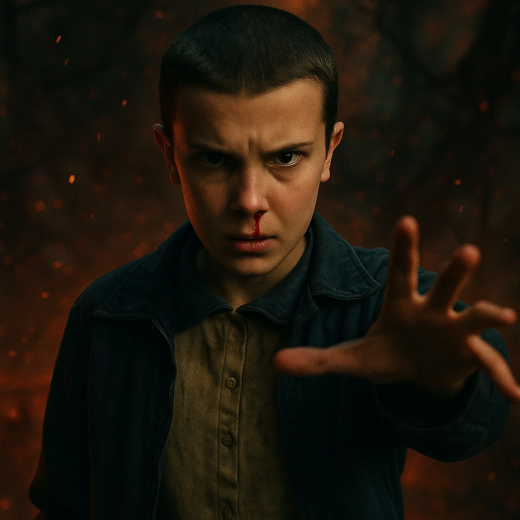 Eleven with a nosebleed, using telekinesis, inspired by Stranger Things, intense and dramatic scene emoji