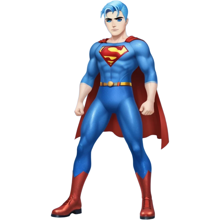 Very tall-very very very large chest-really angry-stomping foot-very long straight flat black to sky blue hair ombre-blue eyes-black eyeliner-long eyelashes-iridescent superman tshort with glitter superman logo-overalls-lip pierced emoji