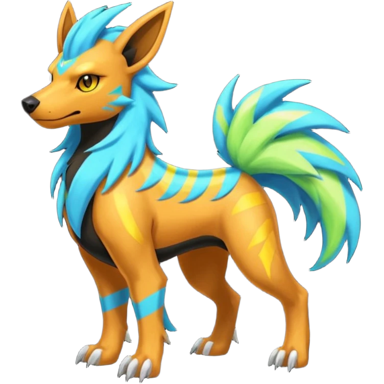 Cyan manectric-Electrike-Zeraora-Houndoom-fusion with neon-green stripes and orange eyes  emoji