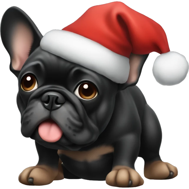 Mostly Black frenchie with tan paws wearing Santa hat and sitting emoji