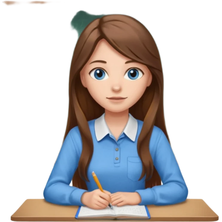 high school class room with a pretty female high school student with long brown hair, blue eyes sitting in front of the blackboard emoji