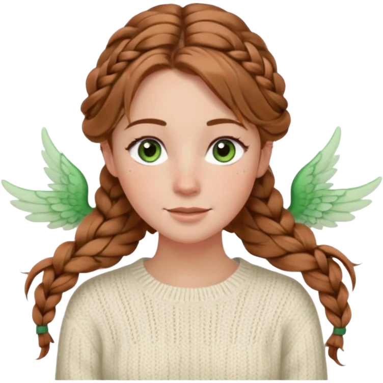 light brown hair hazel/green eyes woman with a white cable knit sweater and one braid down her back  with tendrils of hair flowing down her face and she is happy pale, some freckles, blush. she has a cateye wing and long lashes emoji