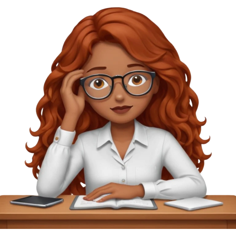 Pretty brown model, brown eyes, soft long red wavy hair, falling asleep at desk emoji