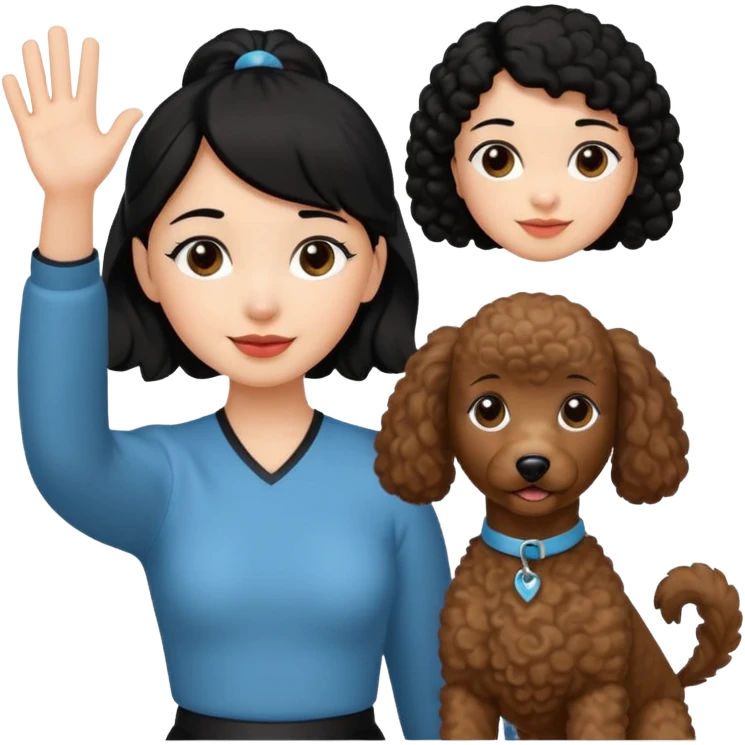 Ponytail black hair girl with brown Poodle say goodbye  emoji