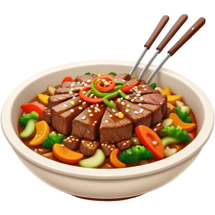 Cinematic Realistic Bulgogi Dish Emoji, featuring tender, marinated beef stir-fried with vegetables rendered with dynamic textures and mouth-watering lighting. emoji