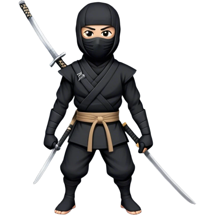  A emoji cartoon-style digital illustration of a ninja dressed in a half black outfit with a face mask, leaving only the eyes visible. The ninja has a serious and focused expression. A katana sword is strapped to their back, with the handle visible over one shoulder. The background is plain white emoji