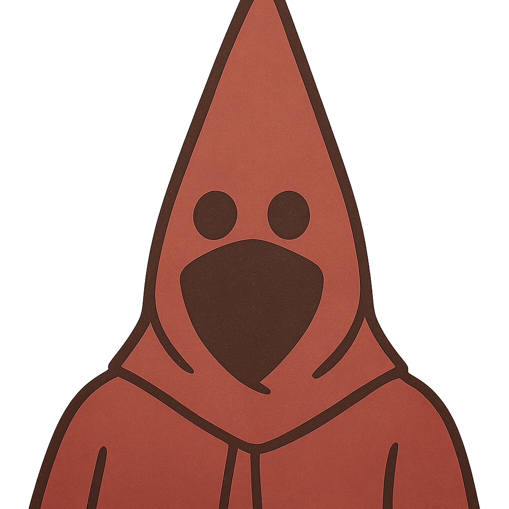 stylized flat hooded masked figure inspired by cult imagery, tall pointed hood with two black eye holes, dark mask underneath, dark maroon and muted red tones, compact and clean silhouette, minimal detail, strong contrast, transparent background emoji
