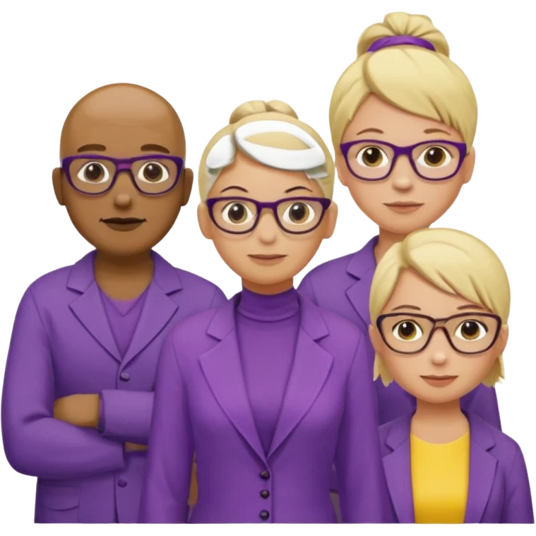 FIVE person team; 2 men and 3 women.  All dressed in yellow or purple.  2 caucasian women have blonde and 1 has ash blonde hair tied up.  1 man is African-american and bald, 1 man is caucasian and very little hair left.  All have glasses emoji