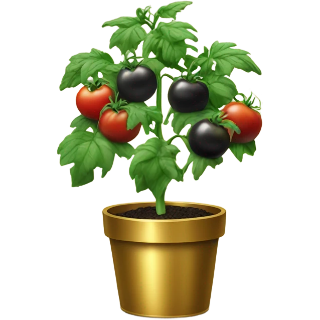 Tomato plant with Black tomatoes on in a gold pot emoji