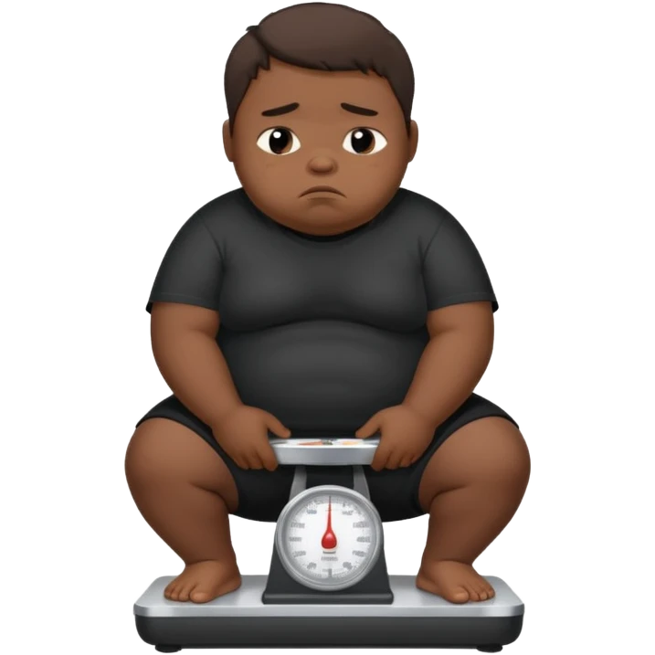 sad fat young boy in black t shirt on weight scale crying because sadness emoji