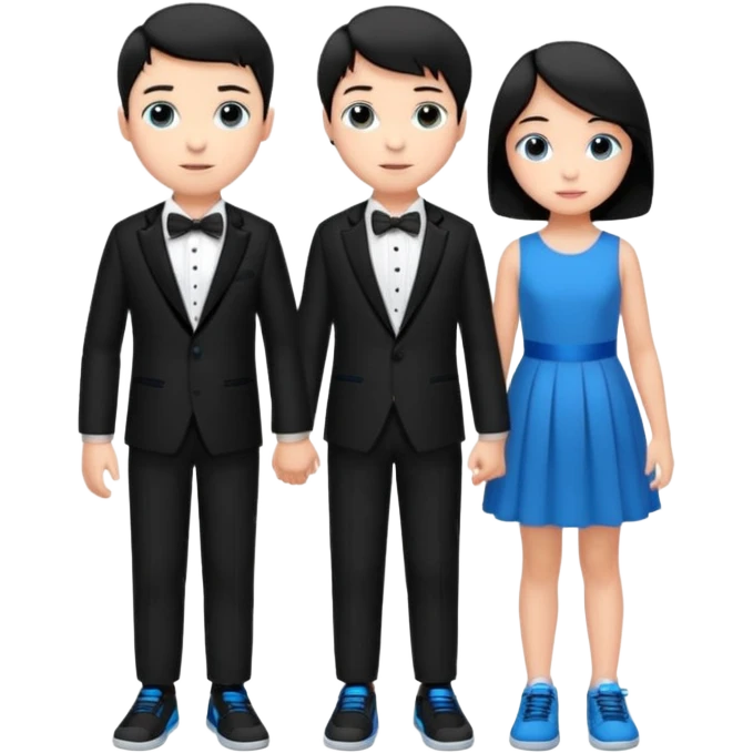 generate a pretty bratz fair skinned boy with short black hair wearing a black tux with blue sneakers .with a girl in a pink dress emoji