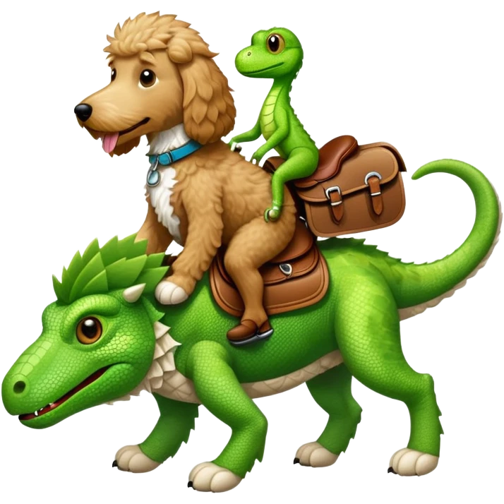 A goldendoodle with a saddle being ridden by a lizard emoji