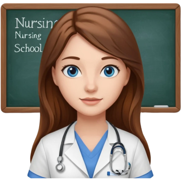 university classroom that says nursing school on the blackboard with a pretty female nursing student with long brown hair, blue eyes emoji