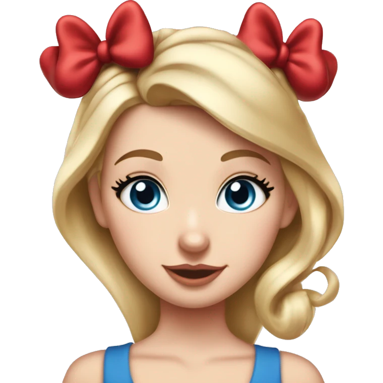 White girl, with blue eyes, short straight blonde hair, elegant with a big red bow on her head and Minnie Mouse ears on her head. 
Mouse ears on her head. Super chick and elegant emoji