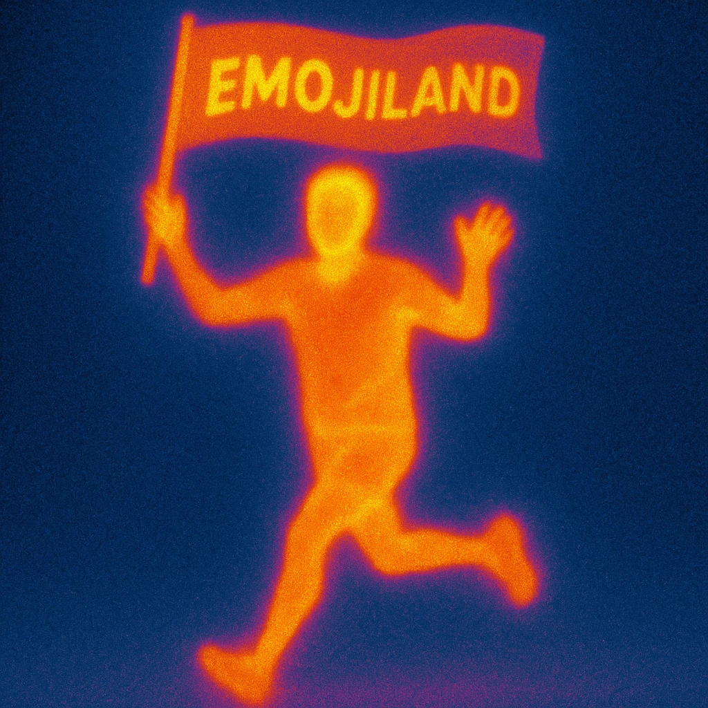 happy runner waving a flag that says 'emojiland' emoji