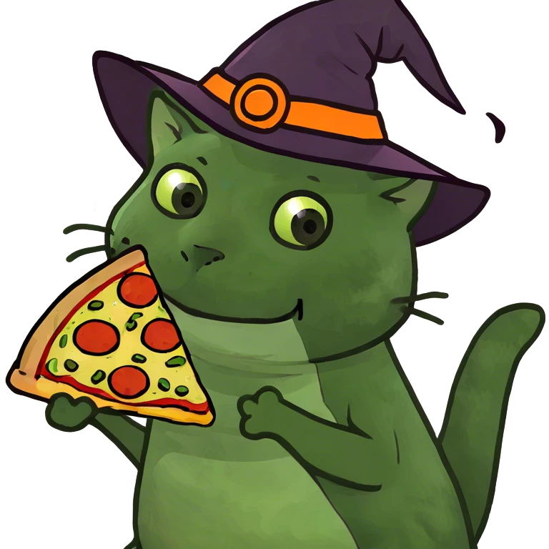 A cat with witch hat and pizza in her hand emoji
