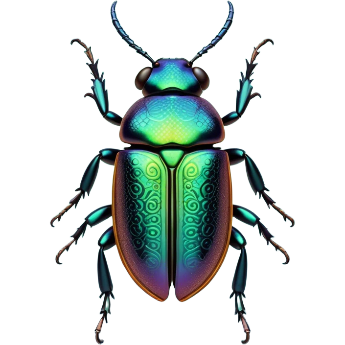 Cinematic Noble Beetle Portrait Emoji, Poised and robust, with a shiny, metallic exoskeleton in deep, iridescent hues and intricately detailed patterns, sharp, focused eyes and a sturdy, commanding form, Simplified yet sharply defined features, highly detailed, glowing with a cool, reflective luminescence, high shine, intelligent and resilient, stylized with an air of natural armor, focused and alert, soft glowing outline, capturing the essence of a watchful beetle that appears ready to crawl out of the screen with effortless strength! emoji