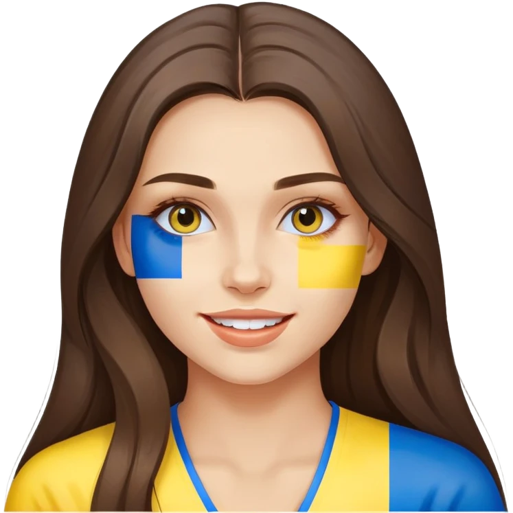 Brunette woman with long hair, Ukrainian flag (blue and yellow) painted on her cheek, happy expression emoji