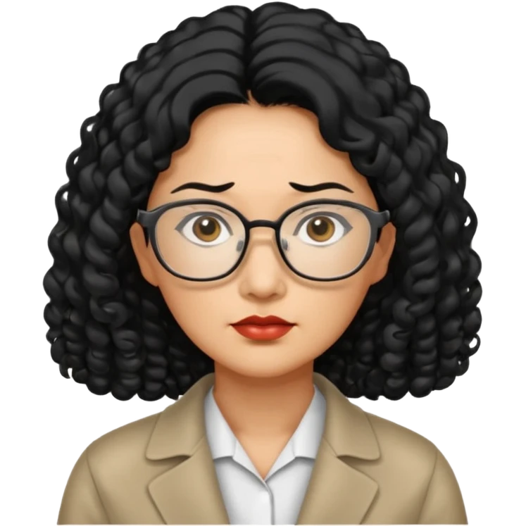manager, middle-aged Asian woman, long curly hair, small rectangular metal glasses, serious look emoji