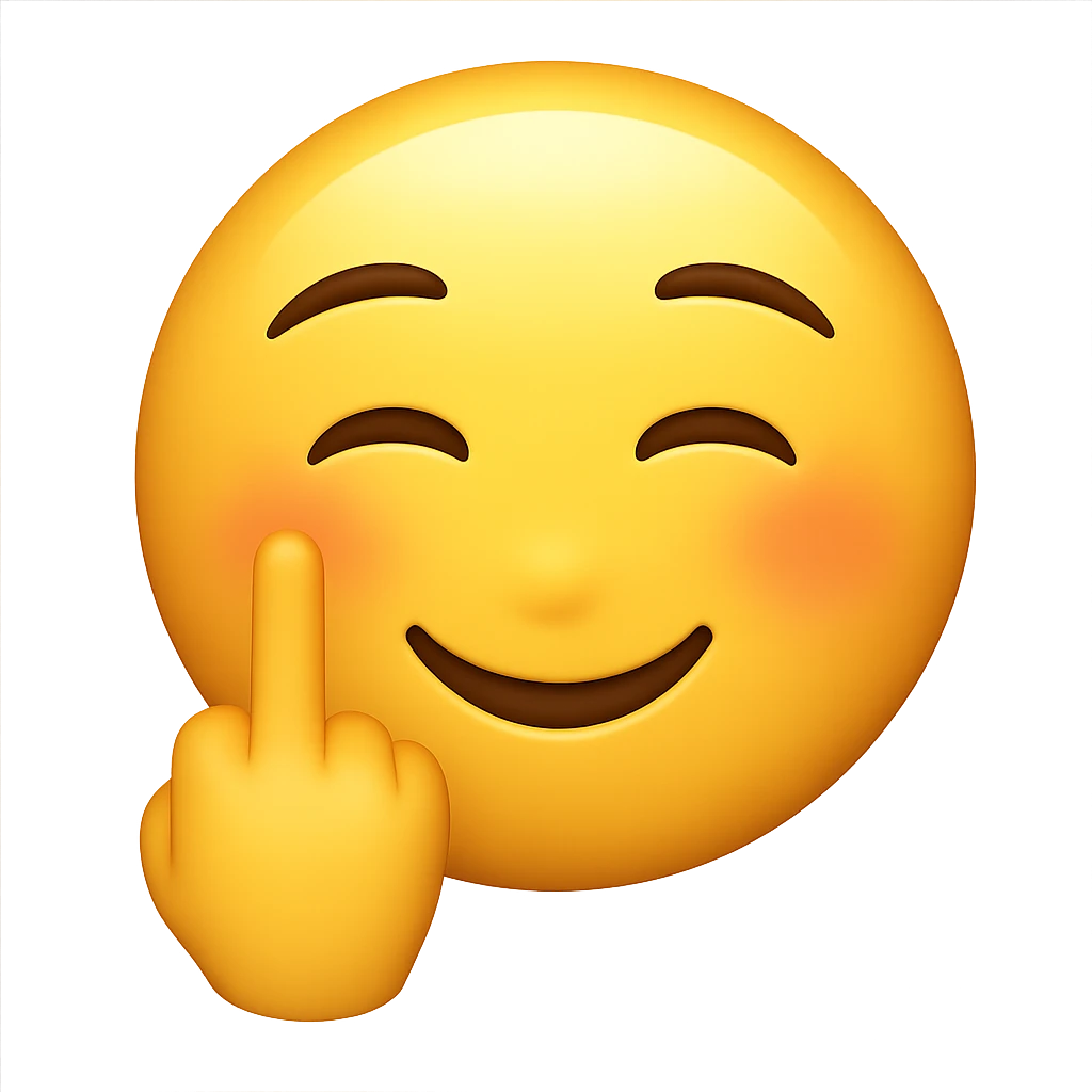 Combine the person in the photo with the smiling blushing emoji style, adding a middle finger gesture (🖕) to the emoji. Keep the background transparent. The style should resemble a typical emoji with expressive facial features and a clear middle finger gesture. emoji
